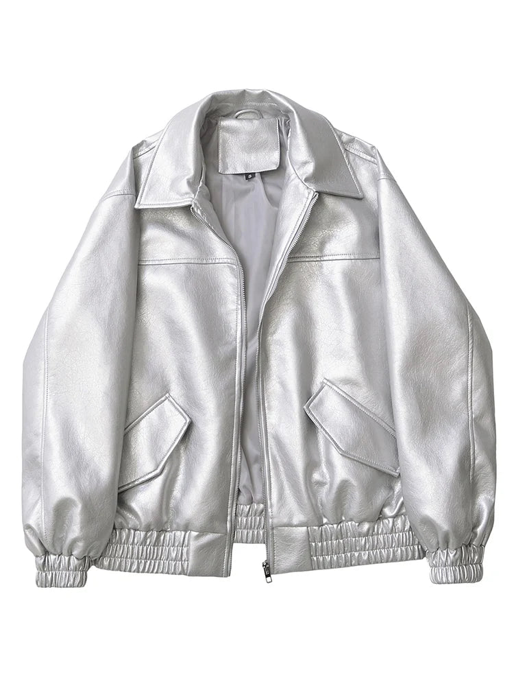 Streetwear Women Retro Faux Leather Zipper Coat