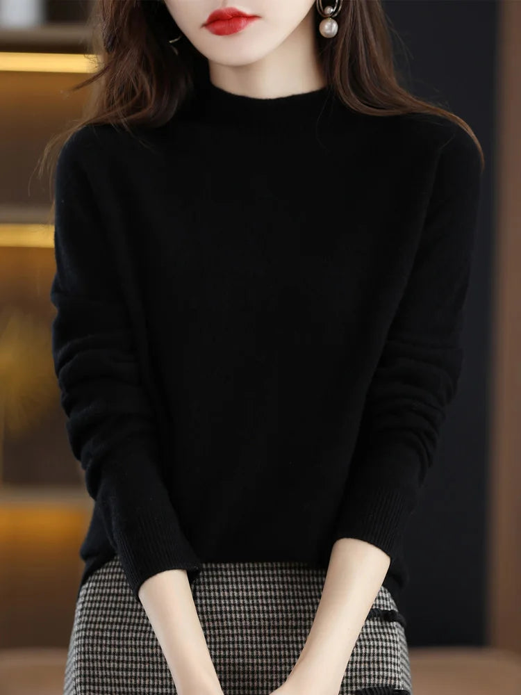 Autumn Winter Solid Mock-neck Pullover Sweater For Women Casual Knitwear Female Clothing Basic Soft Tops