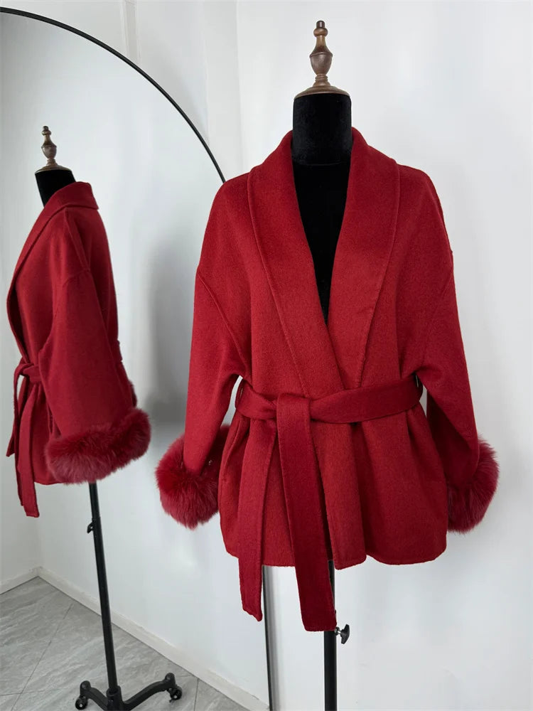 Fox Fur Elegant Double-sided Woolen Coat