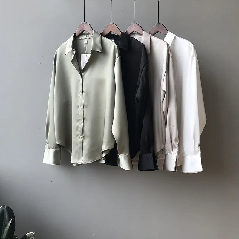 Spring Button Up Satin Silk Shirt Women