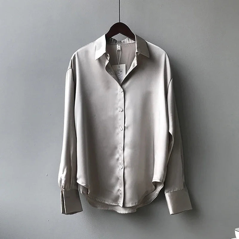 Spring Fashion Button Up Satin Silk Shirt Vintage Blouse Women White Tops Lady Long Sleeves Female Loose Street Shirts 11355