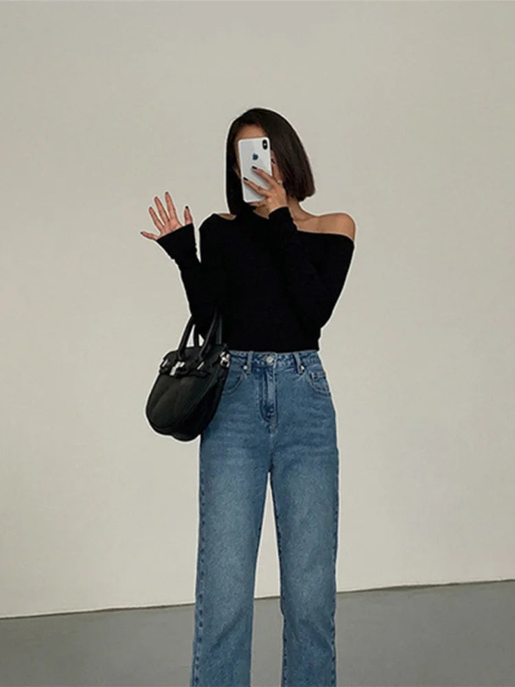 Collar Off-shoulder Long-sleeved Women Shirt