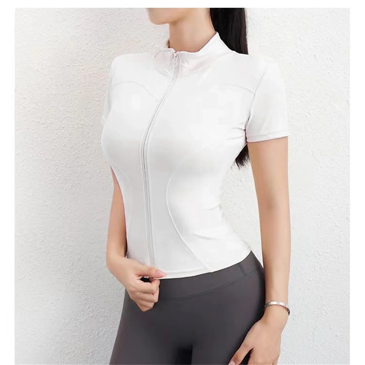 Women Slim Stand Collar Full Zipper Short Sleeves Shirt