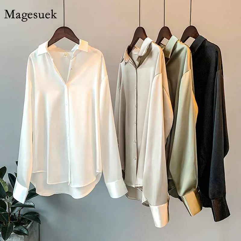 Spring Button Up Satin Silk Shirt Women
