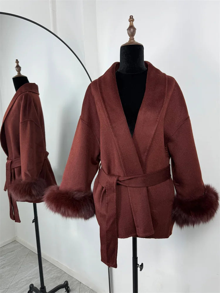 Fox Fur Elegant Double-sided Woolen Coat