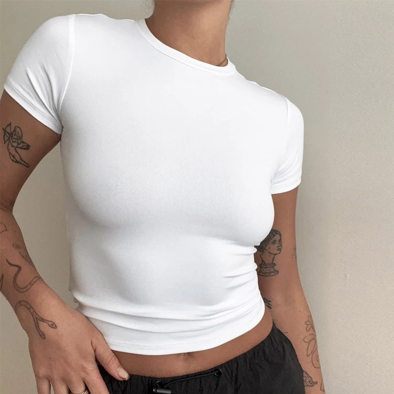 Short Sleeve Slim Fit Female O-Neck Knitted Tee Shirt