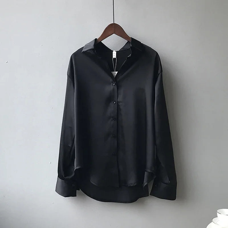 Spring Button Up Satin Silk Shirt Women