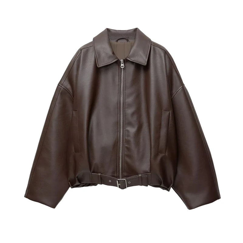 Vintage women streetwear Leather Long Sleeve jacket With Belt