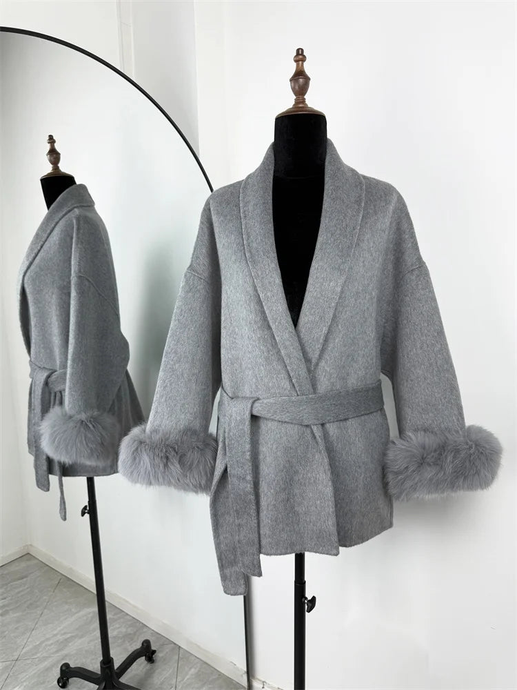 Fox Fur Elegant Double-sided Woolen Coat