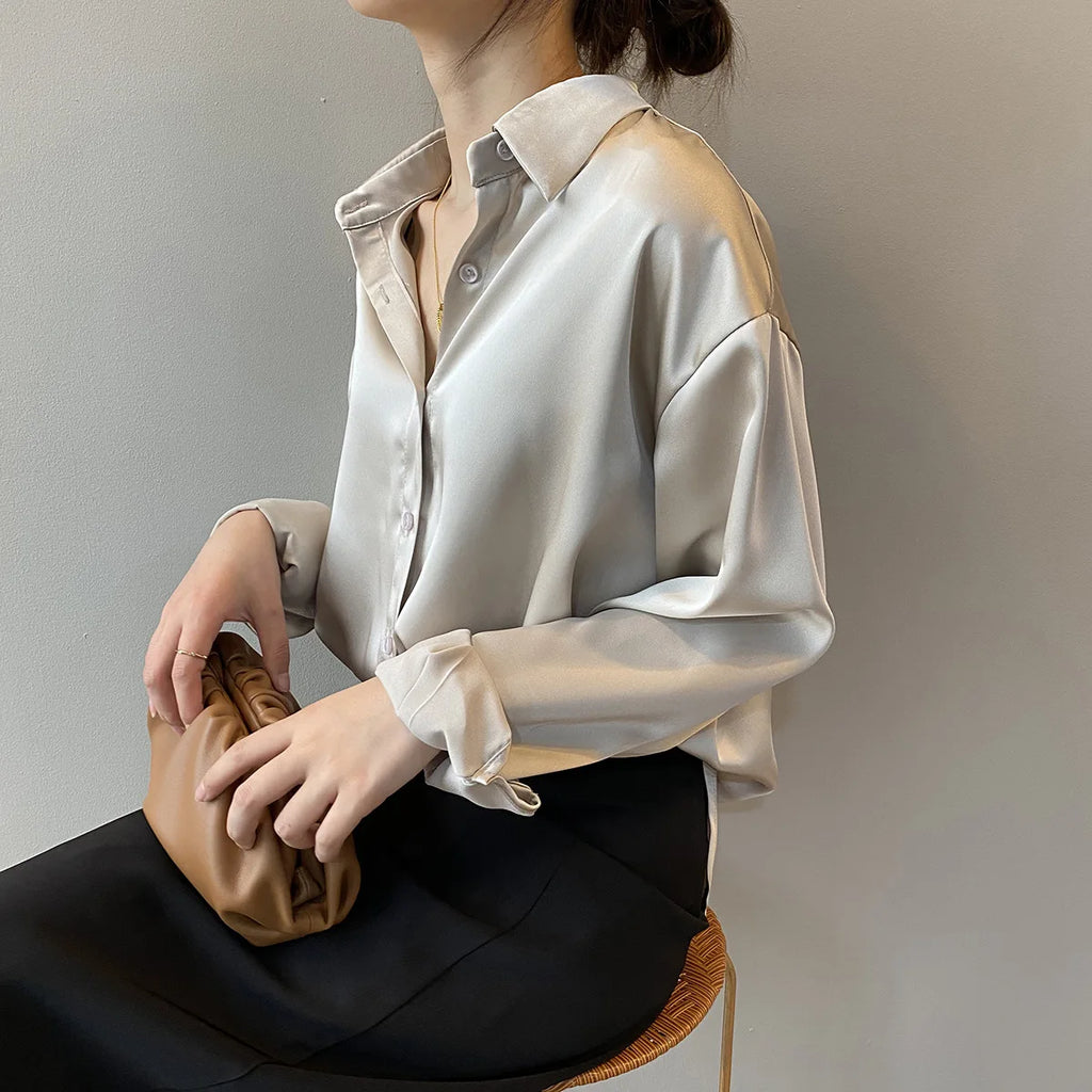 Spring Button Up Satin Silk Shirt Women