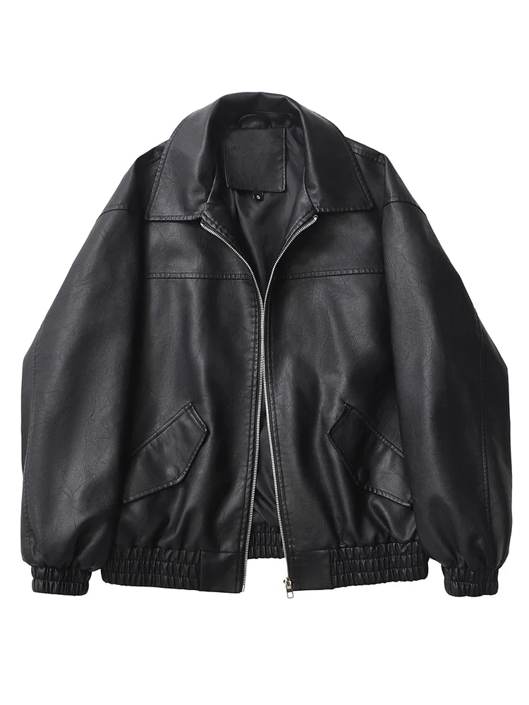 Streetwear Women Retro Faux Leather Zipper Coat