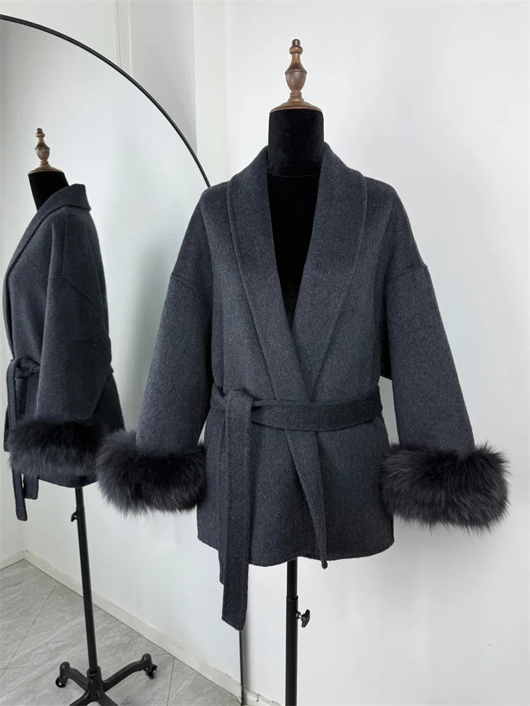 Fox Fur Elegant Double-sided Woolen Coat