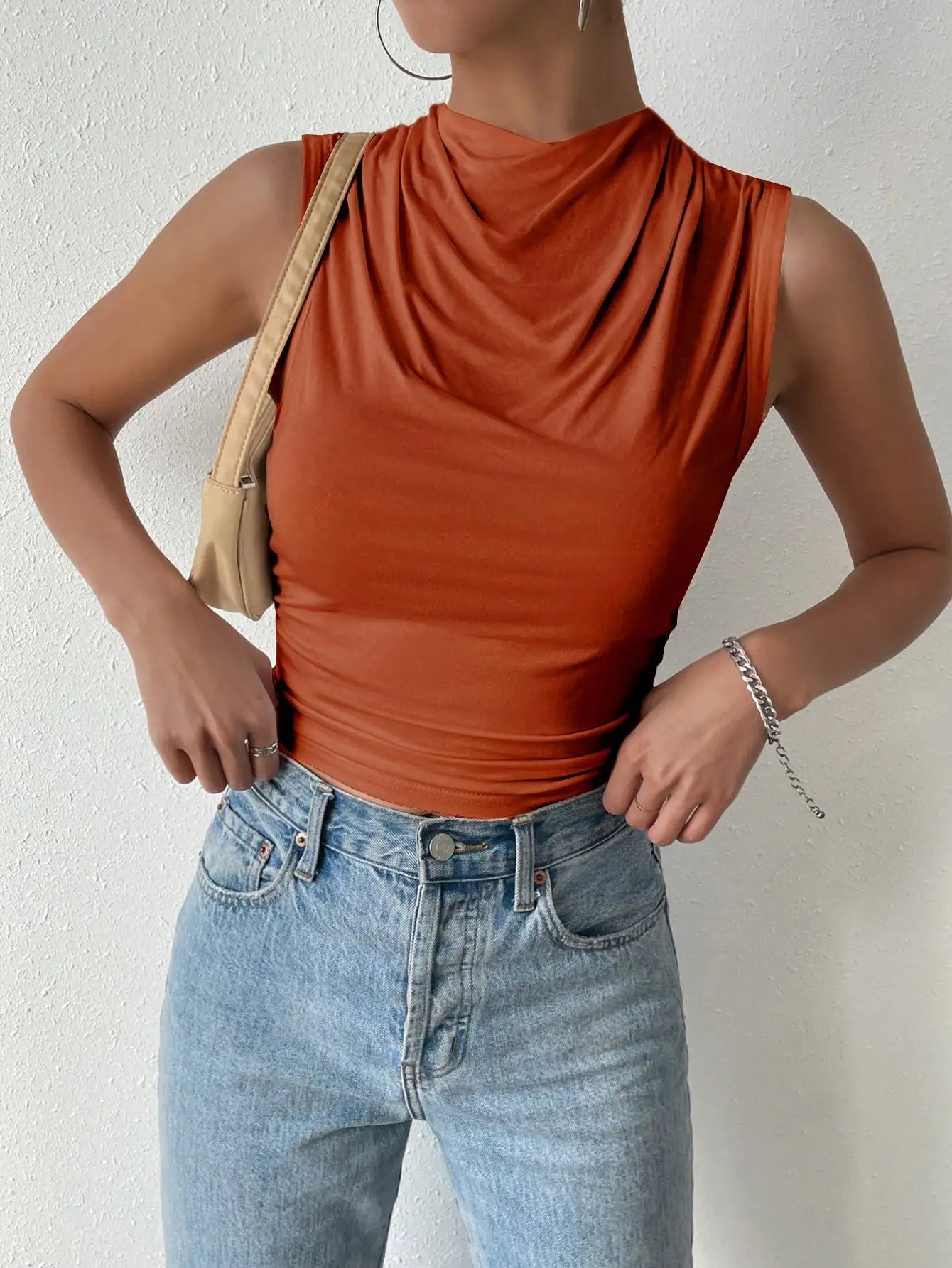 Women's Casual Pleated Design High Neck Sleeveless Top
