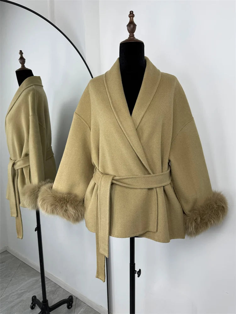 Fox Fur Elegant Double-sided Woolen Coat