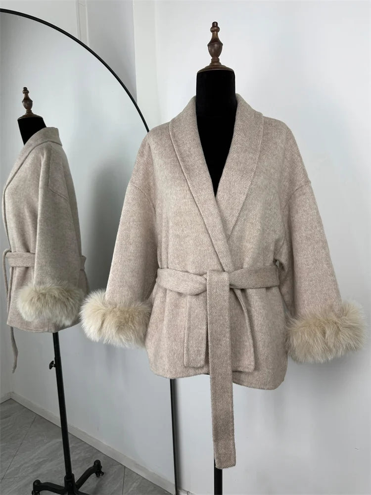 Fox Fur Elegant Double-sided Woolen Coat