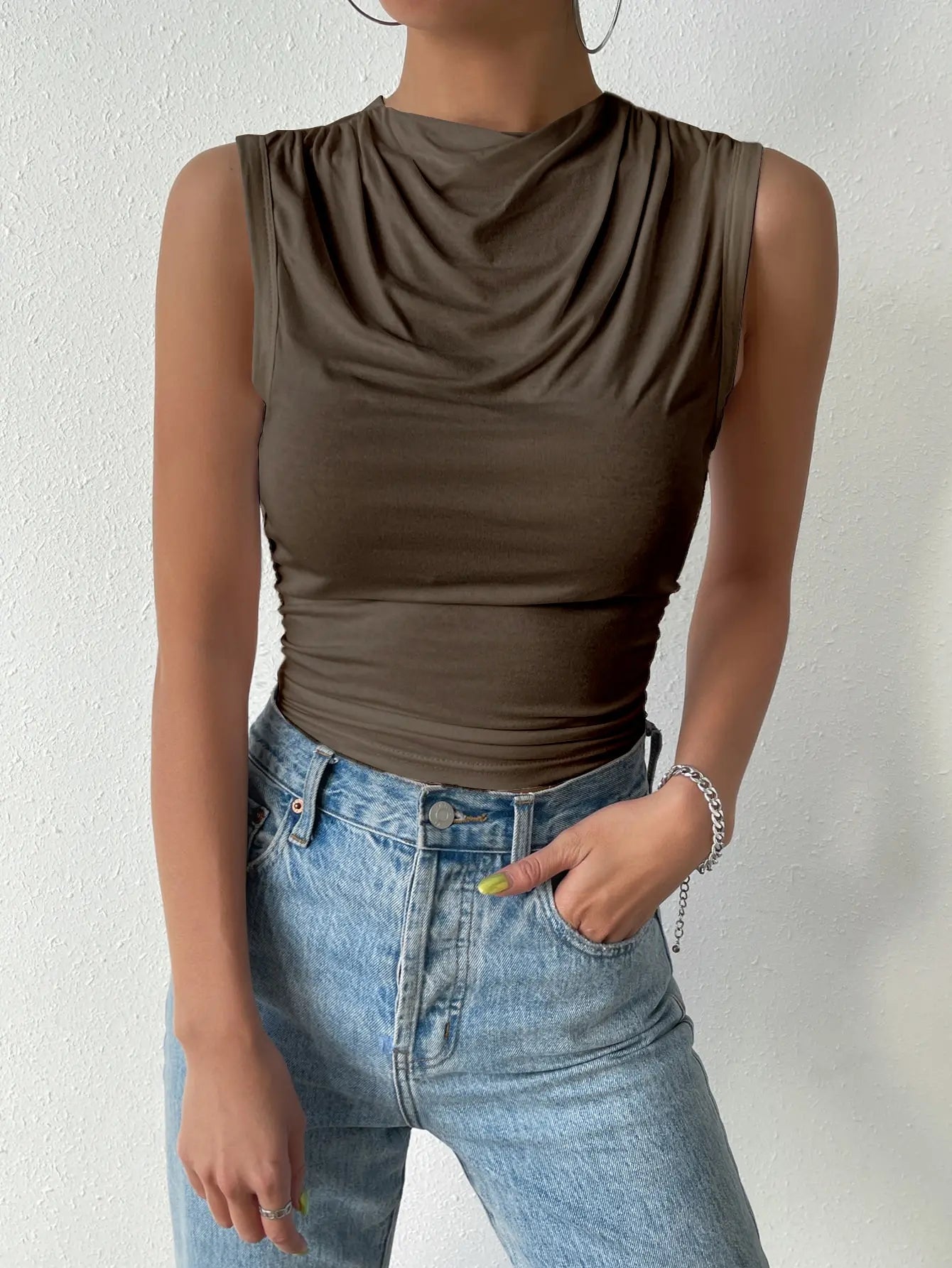 Women's Casual Pleated Design High Neck Sleeveless Top