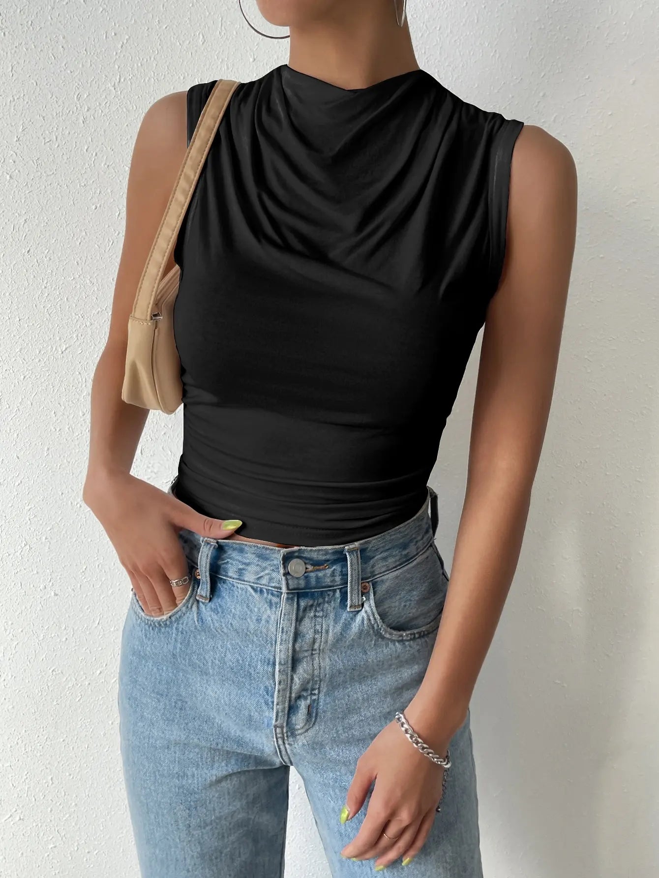 Women's Casual Pleated Design High Neck Sleeveless Top