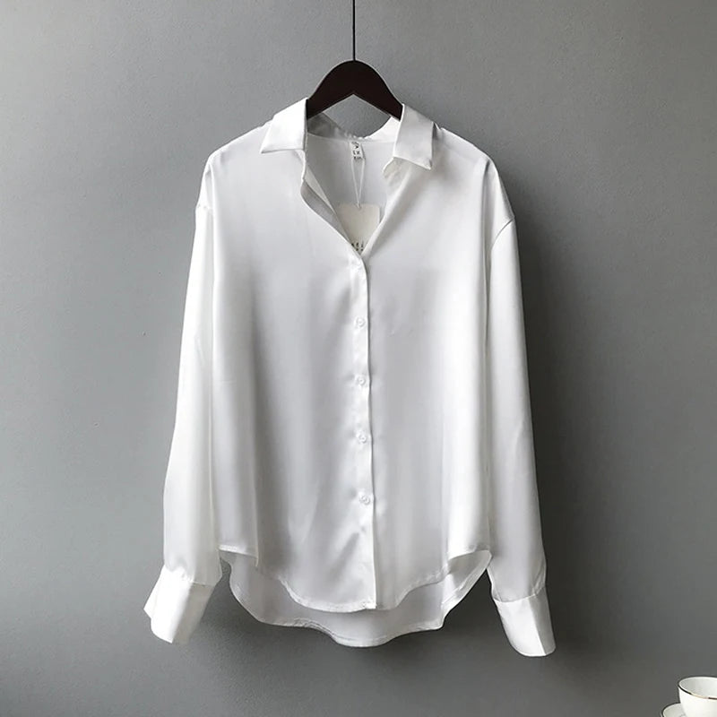 Spring Button Up Satin Silk Shirt Women