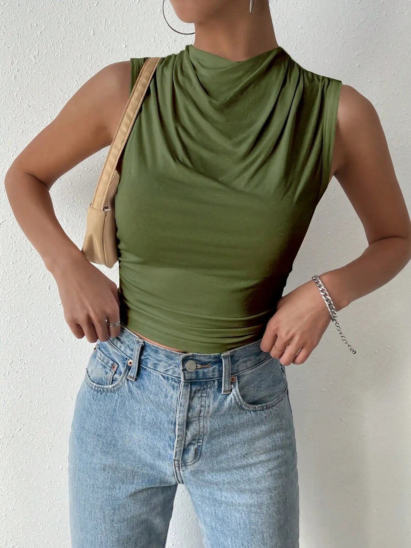 Women's Casual Pleated Design High Neck Sleeveless Top