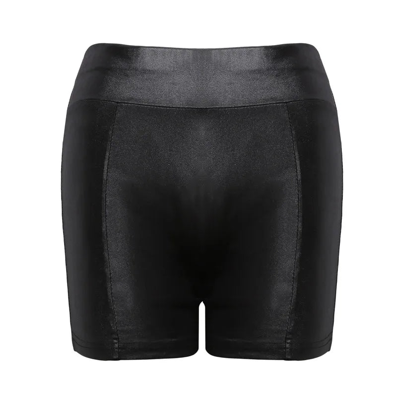 Women Shiny Elastic High Waist Leather Mini Shorts