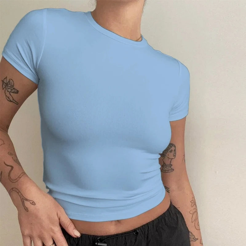 Short Sleeve Slim Fit Female O-Neck Knitted Tee Shirt