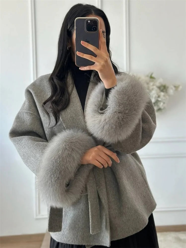 Fox Fur Elegant Double-sided Woolen Coat