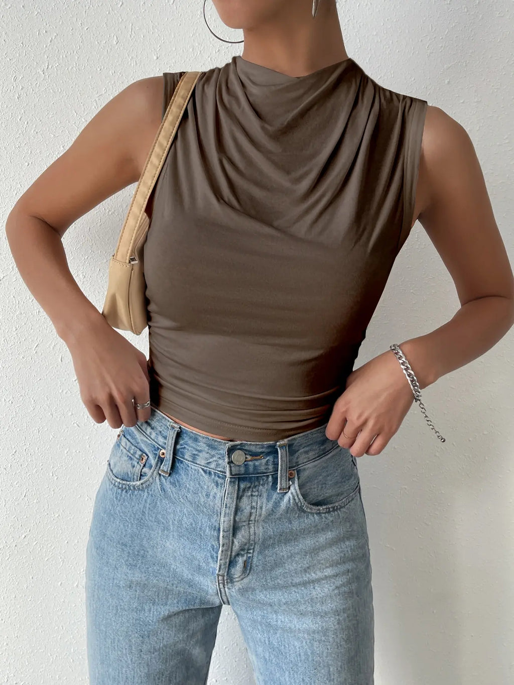 Women's Casual Pleated Design High Neck Sleeveless Top
