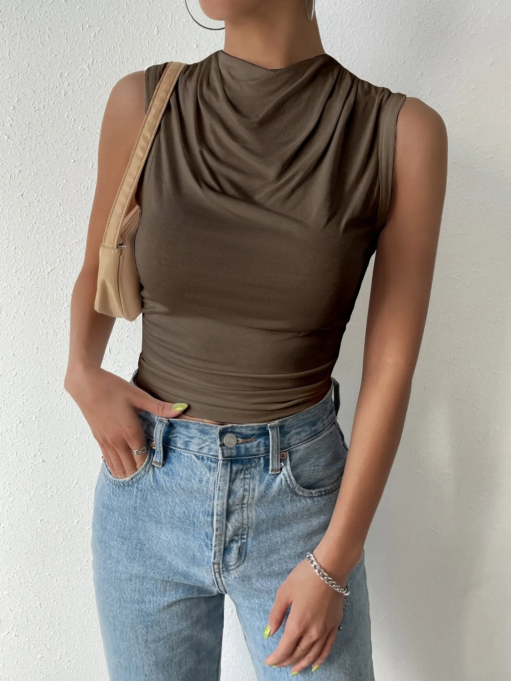 Women's Casual Pleated Design High Neck Sleeveless Top