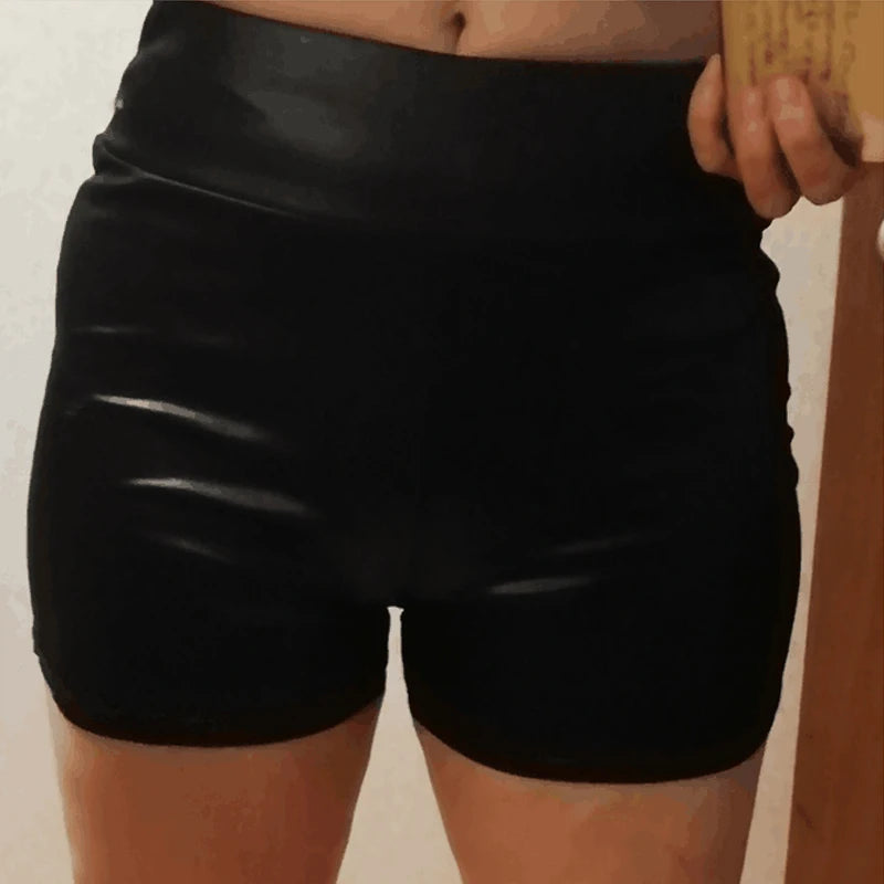 Women Shiny Elastic High Waist Leather Mini Shorts
