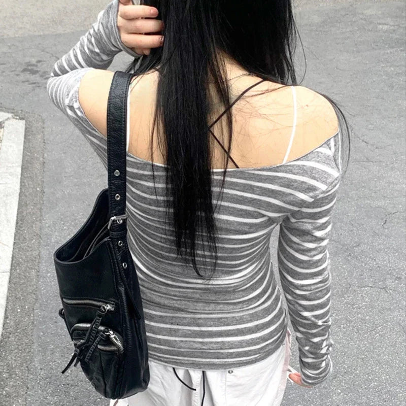 Women's Slim Long-Sleeved Striped Shirt Korean Street Style Top