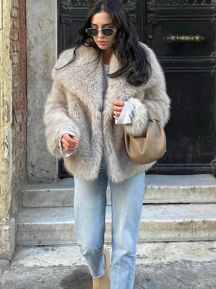 Women Cropped Faux Fur Long Sleeve Thick Coat