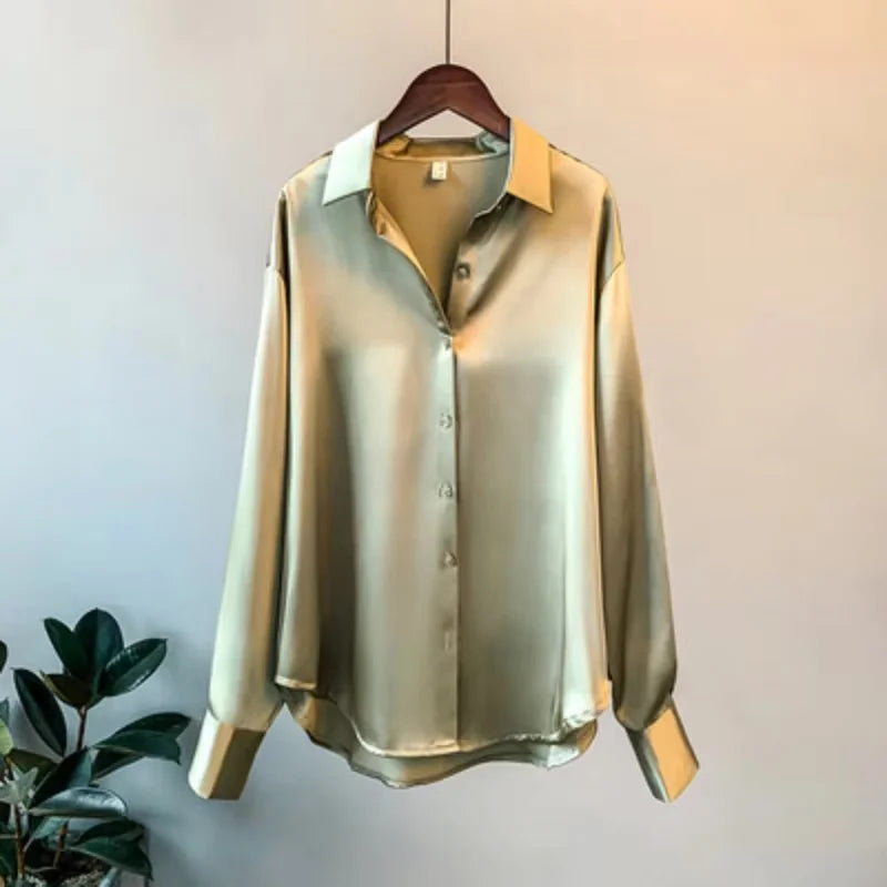 Spring Button Up Satin Silk Shirt Women