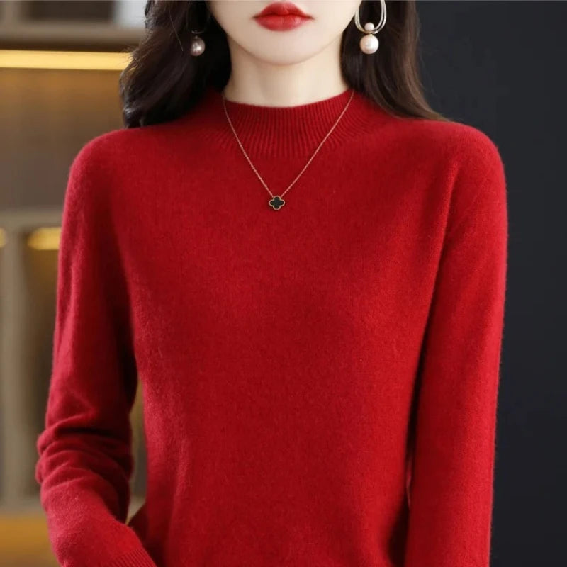 Autumn Winter Solid Mock-neck Pullover Sweater For Women Casual Knitwear Female Clothing Basic Soft Tops