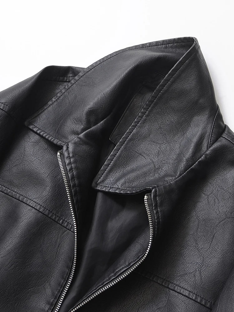 Streetwear Women Retro Faux Leather Zipper Coat