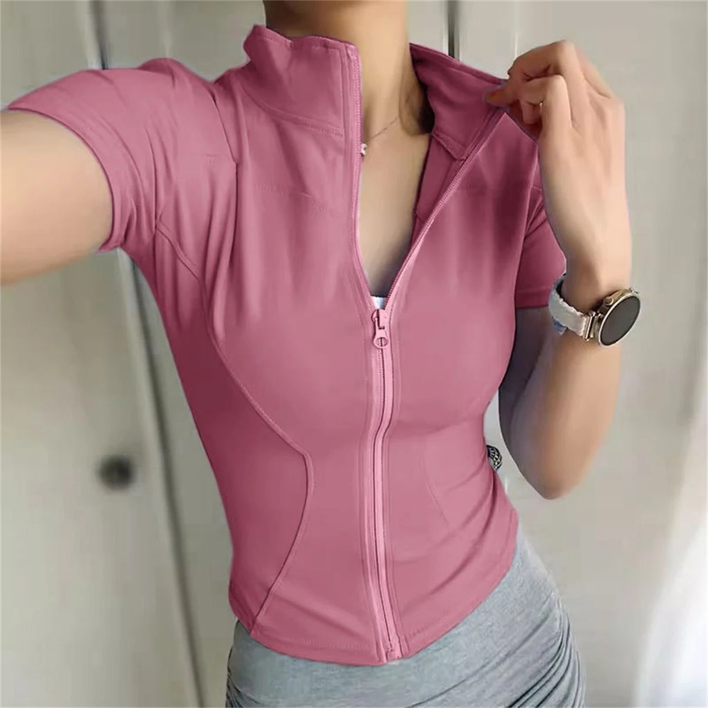 Women Slim Stand Collar Full Zipper Short Sleeves Shirt