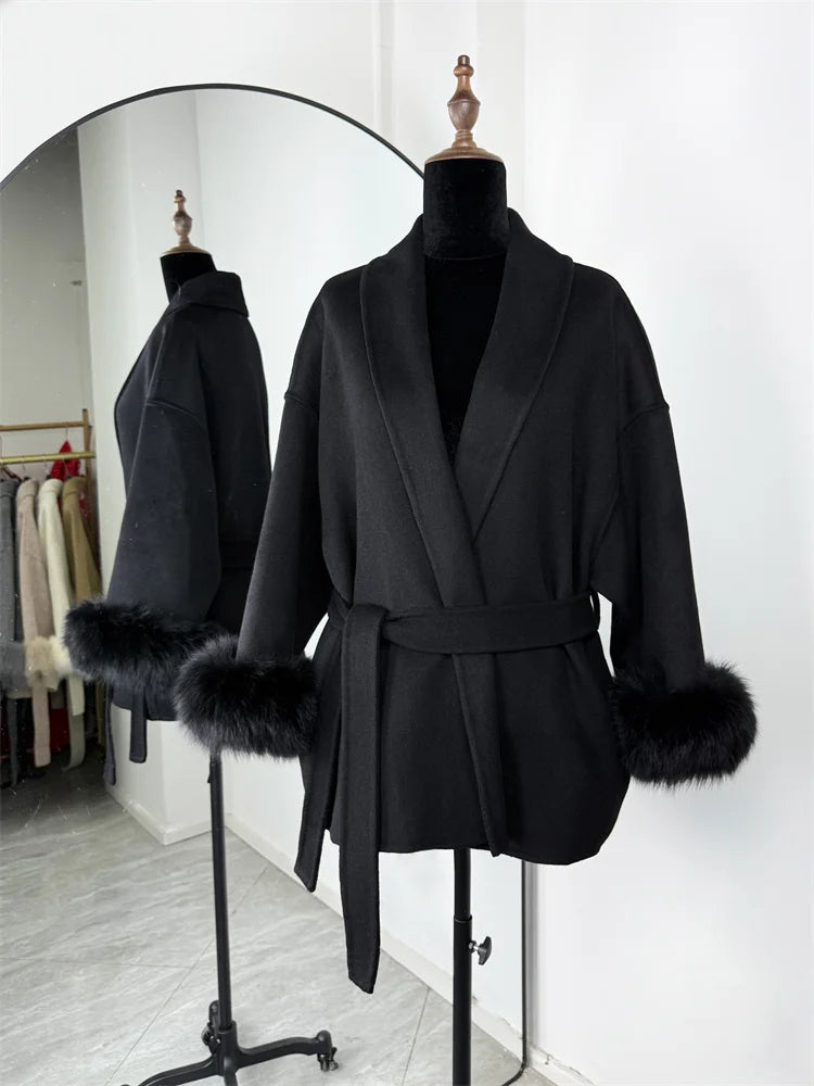 Fox Fur Elegant Double-sided Woolen Coat