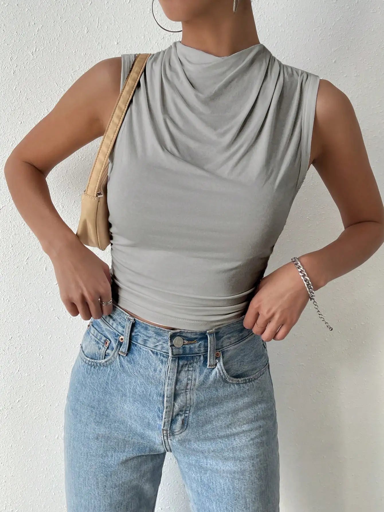 Women's Casual Pleated Design High Neck Sleeveless Top