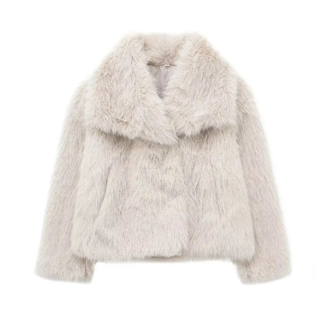 Women Cropped Faux Fur Long Sleeve Thick Coat