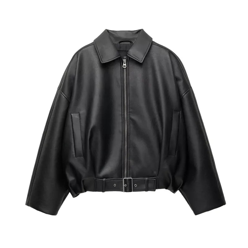Vintage women streetwear Leather Long Sleeve jacket With Belt