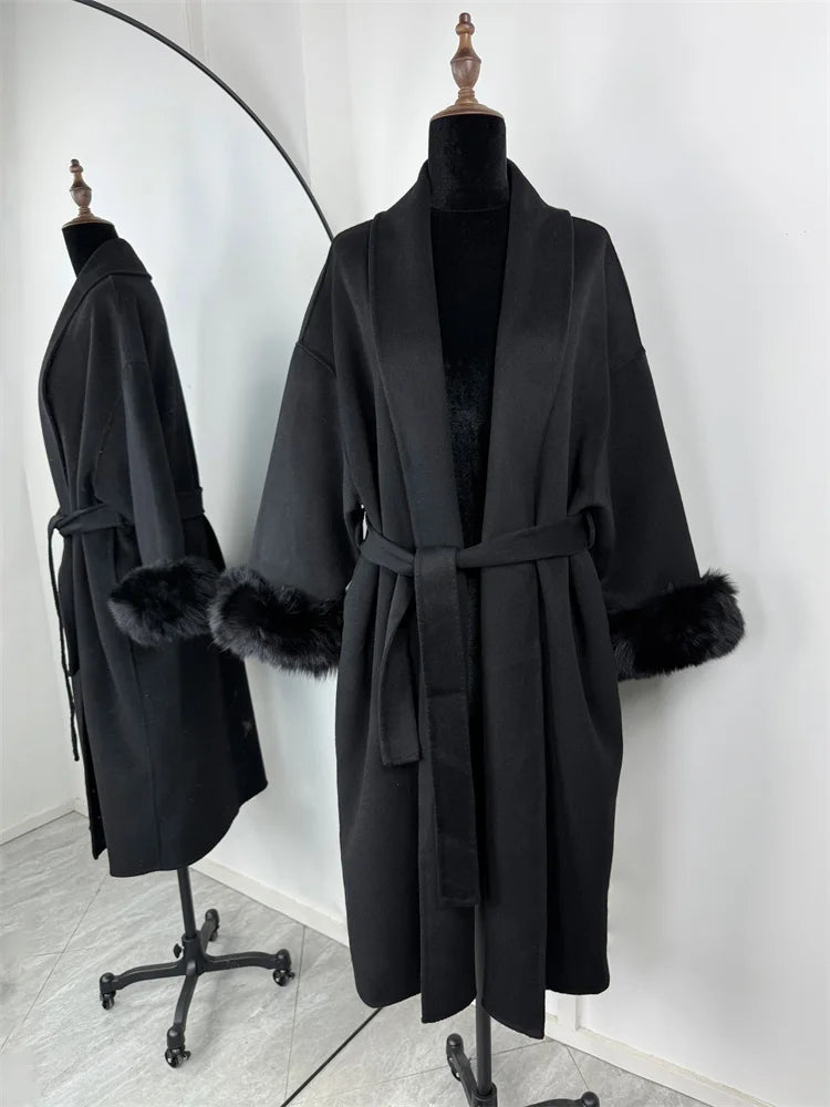 Fox Fur Elegant Double-sided Woolen Coat