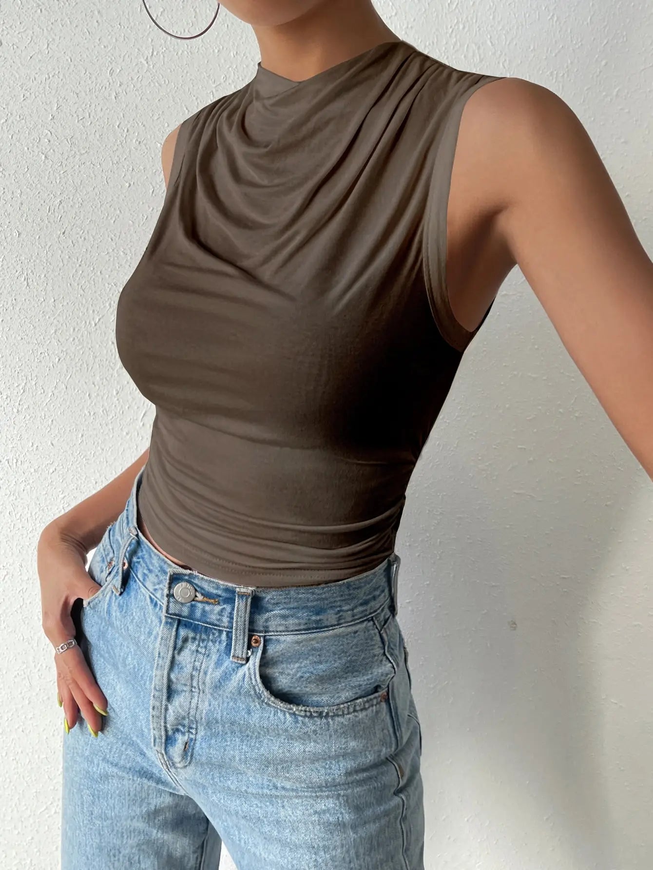 Women's Casual Pleated Design High Neck Sleeveless Top