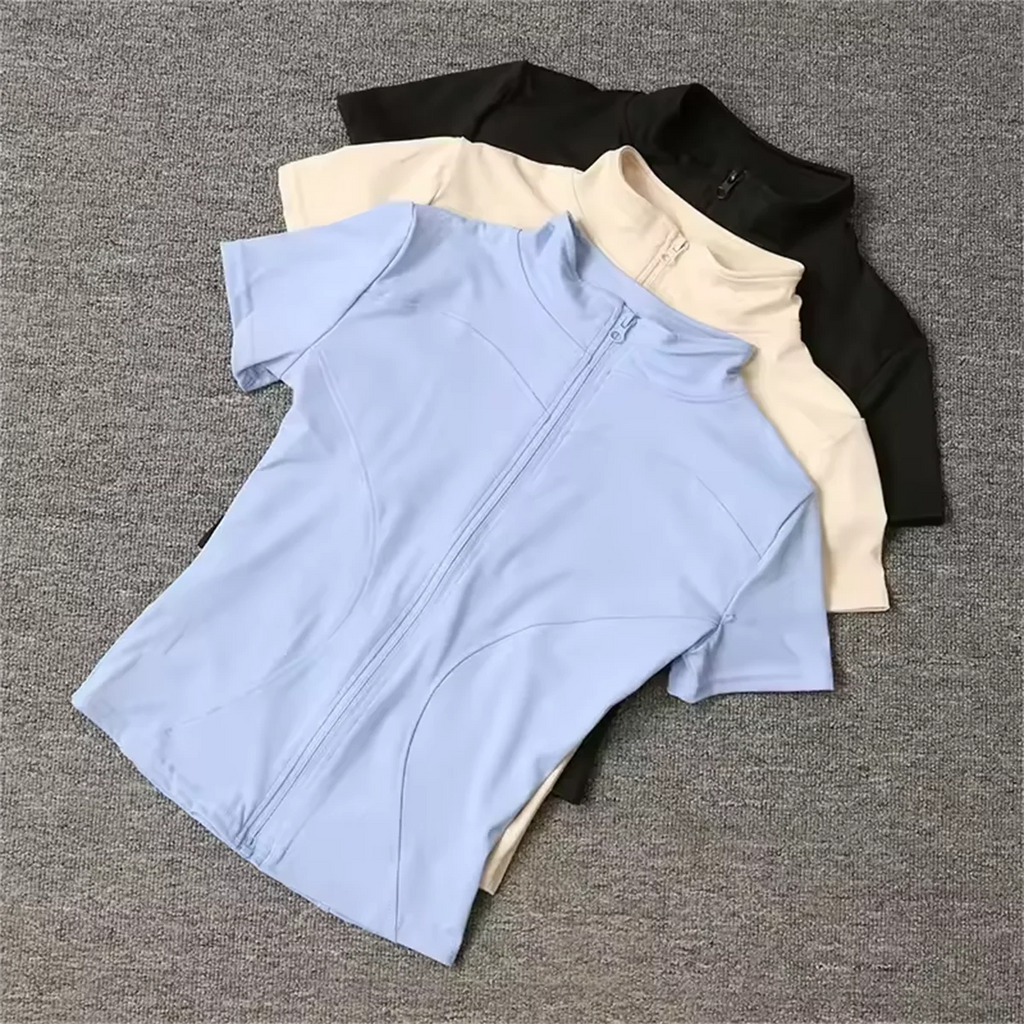 Women Slim Stand Collar Full Zipper Short Sleeves Shirt
