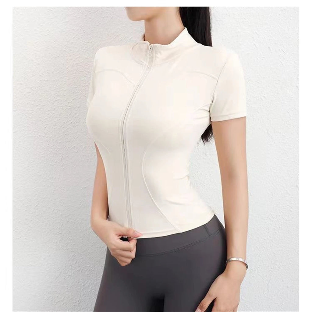 Women Slim Stand Collar Full Zipper Short Sleeves Shirt