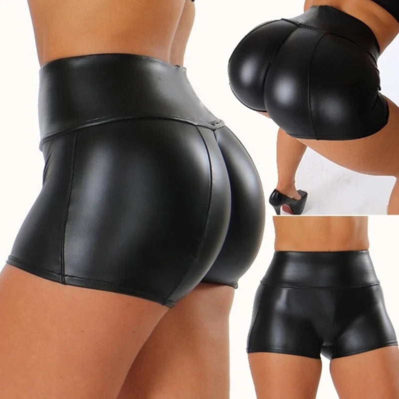Women Shiny Elastic High Waist Leather Mini Shorts