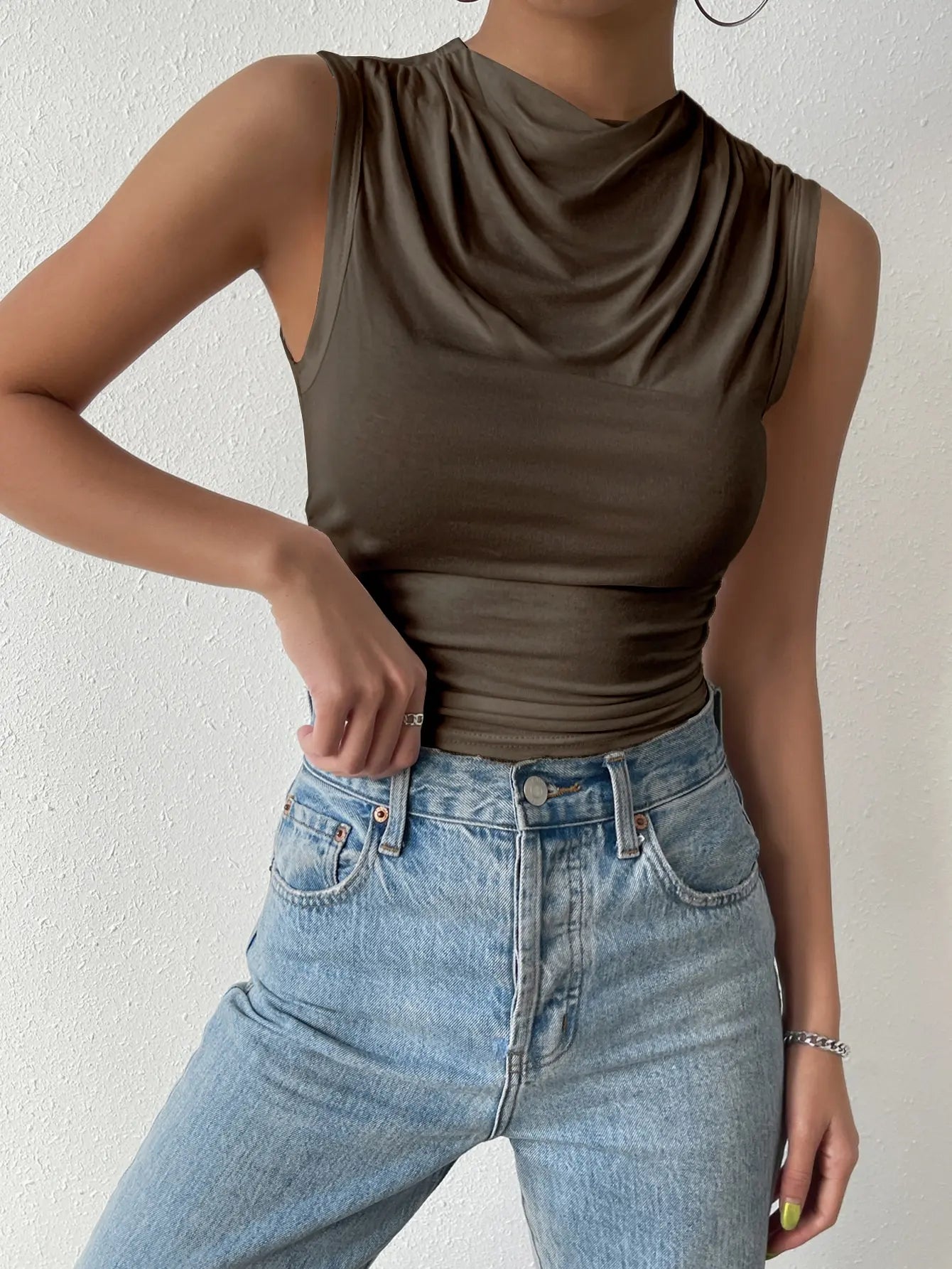 Women's Casual Pleated Design High Neck Sleeveless Top
