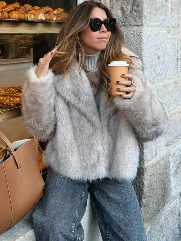 Women Cropped Faux Fur Long Sleeve Thick Coat