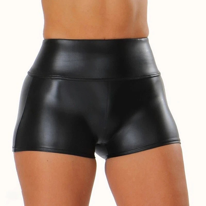 Women Shiny Elastic High Waist Leather Mini Shorts