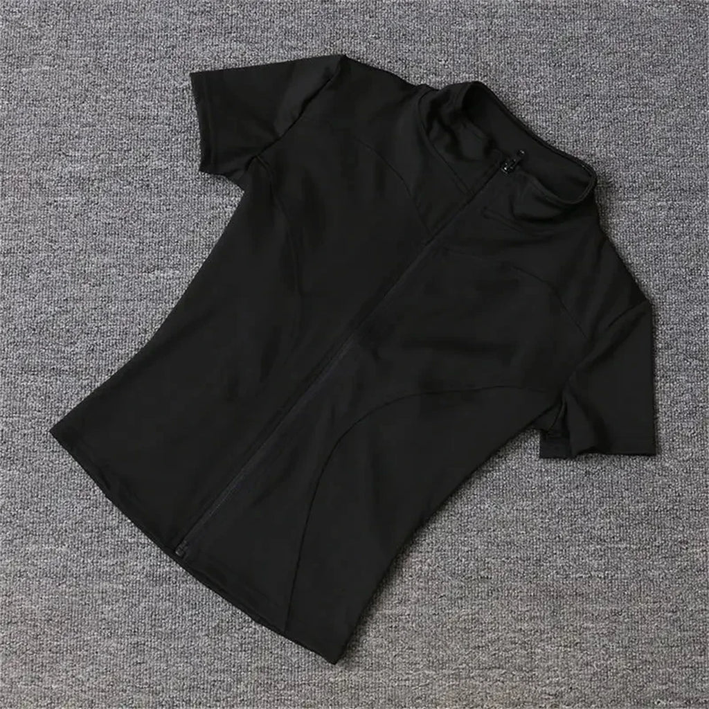 Women Slim Stand Collar Full Zipper Short Sleeves Shirt