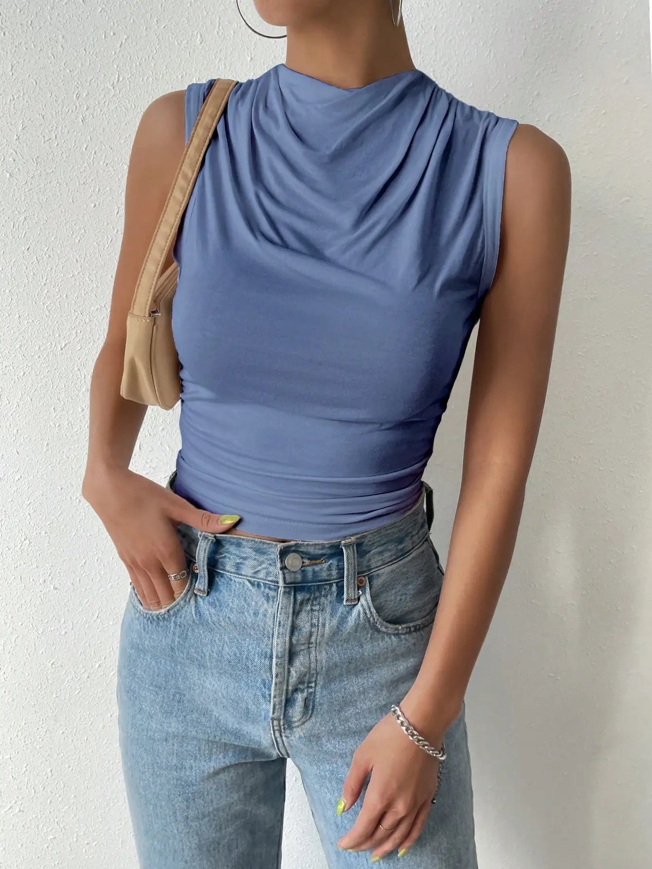 Women's Casual Pleated Design High Neck Sleeveless Top