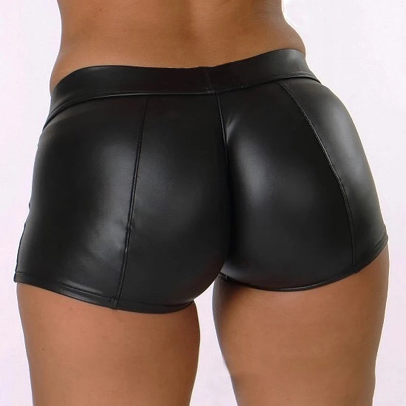 Women Shiny Elastic High Waist Leather Mini Shorts